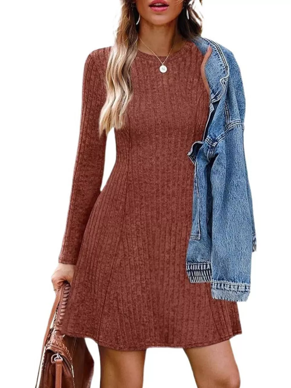 Ribbed Knit Long Sleeve Slim Fit Dress, image 2