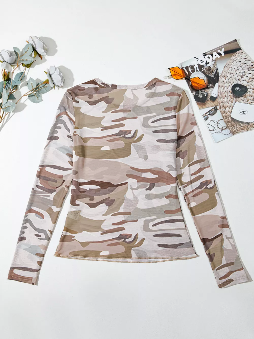 Camouflage Print Mesh Long Sleeve Top, image 9