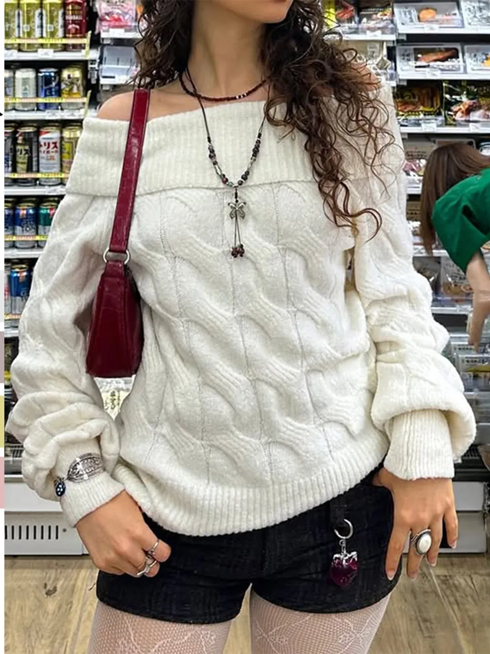 Cable Knit Off-Shoulder Sweater, image 2