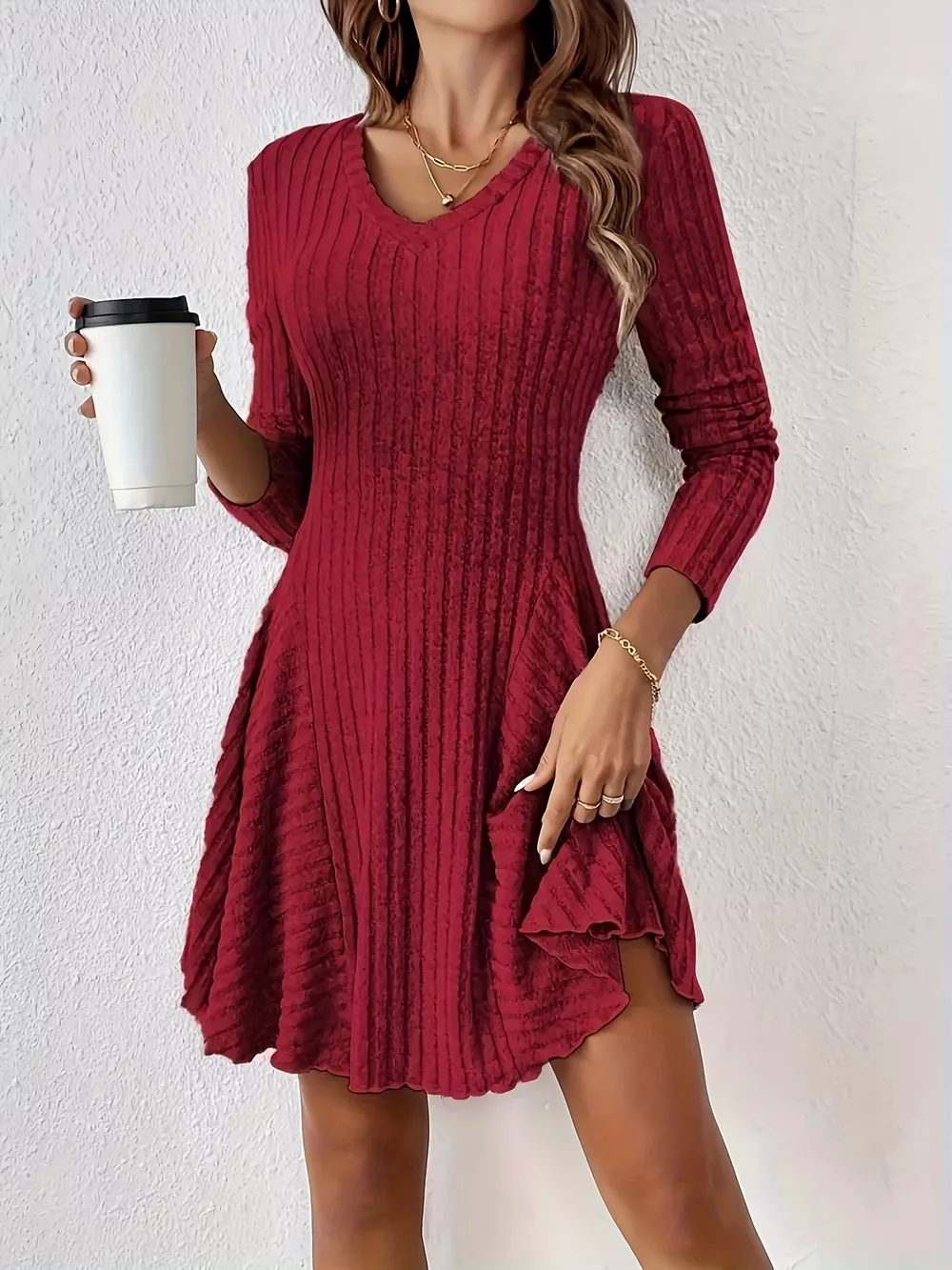 V-Neck Ribbed Knit Flared Knit Dress, image 6