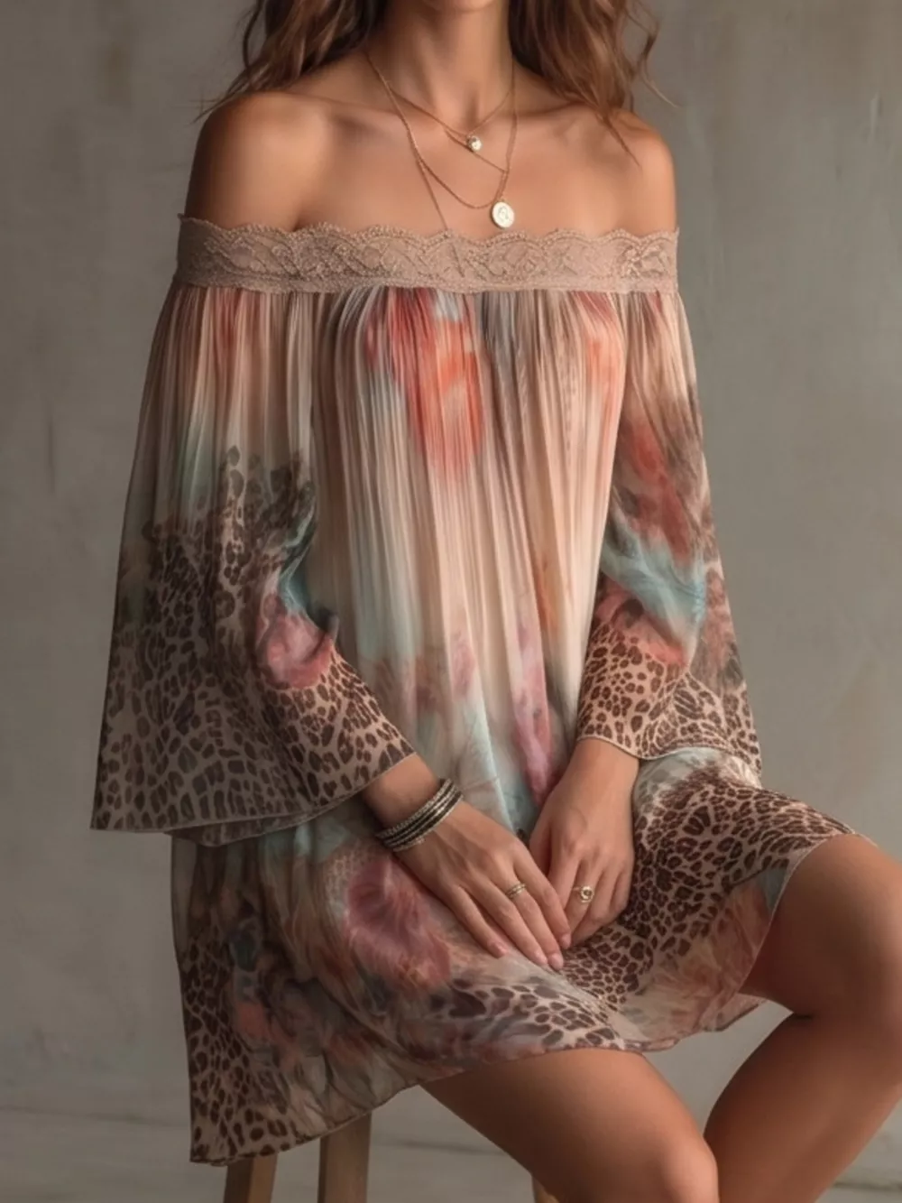 Off-Shoulder Lace-Trimmed Floral and Leopard Print Mini Dress, image 2