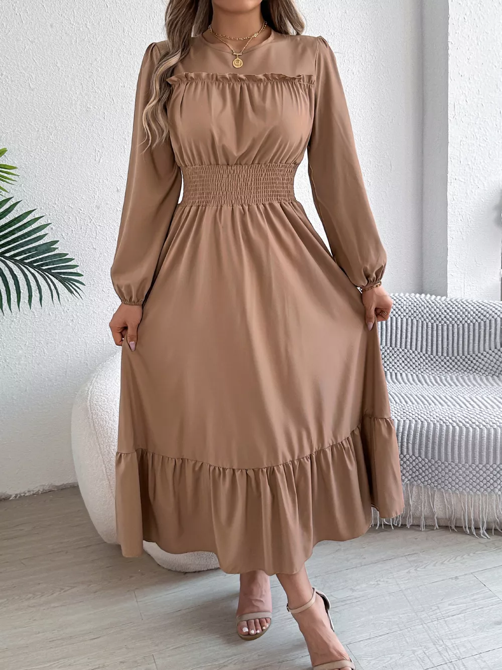 Round Neck Balloon Sleeve Tiered Dress, image 25