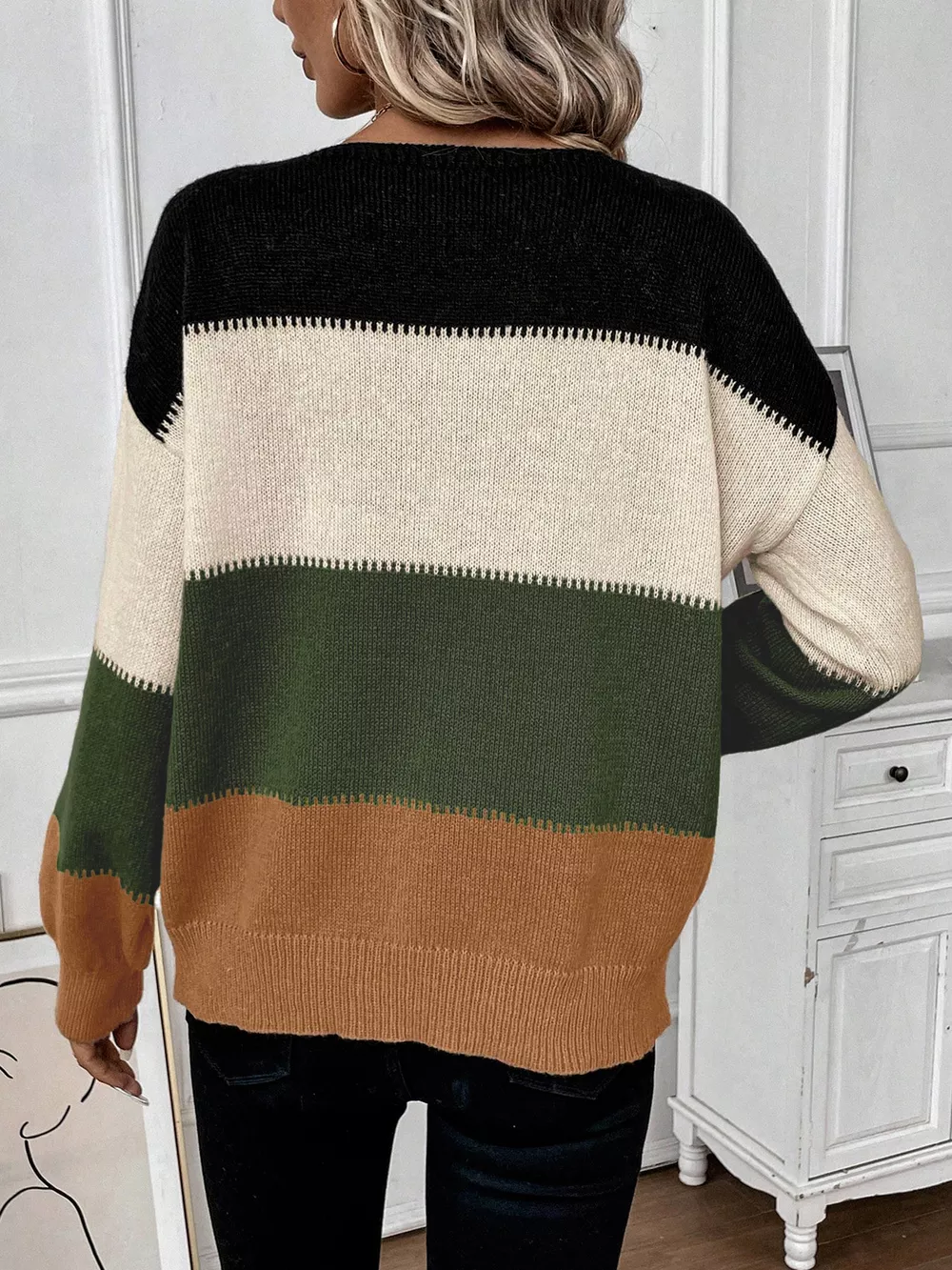 Color Block Round Neck Knit Sweater, image 5