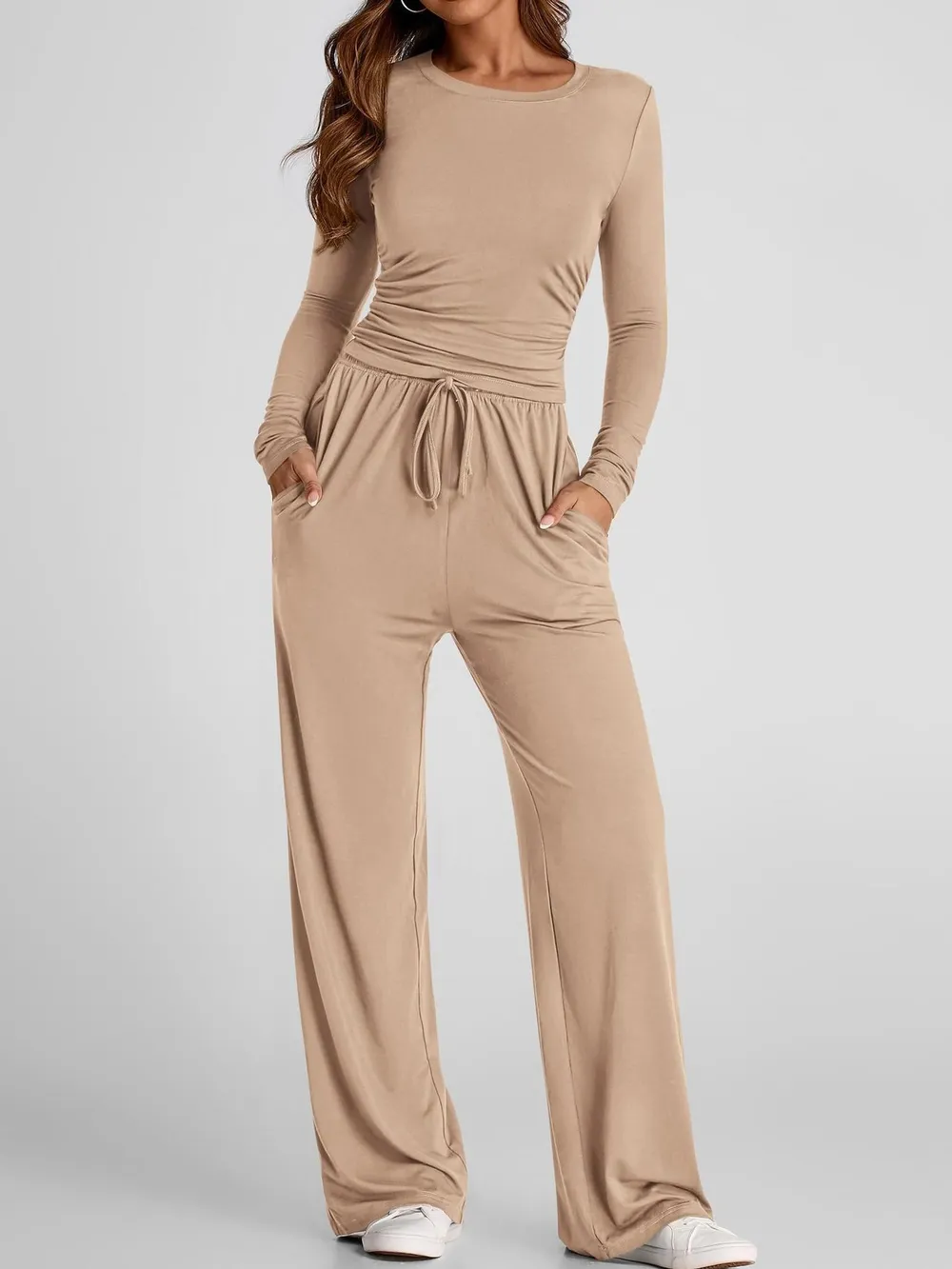 Round Neck Long Sleeve Top and Pants Set, image 2