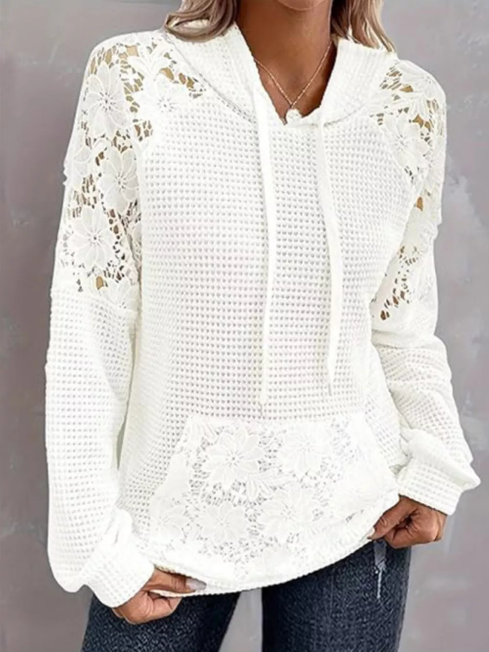 Full Size Lace Trim Waffle Knit Hoodie Plus Size