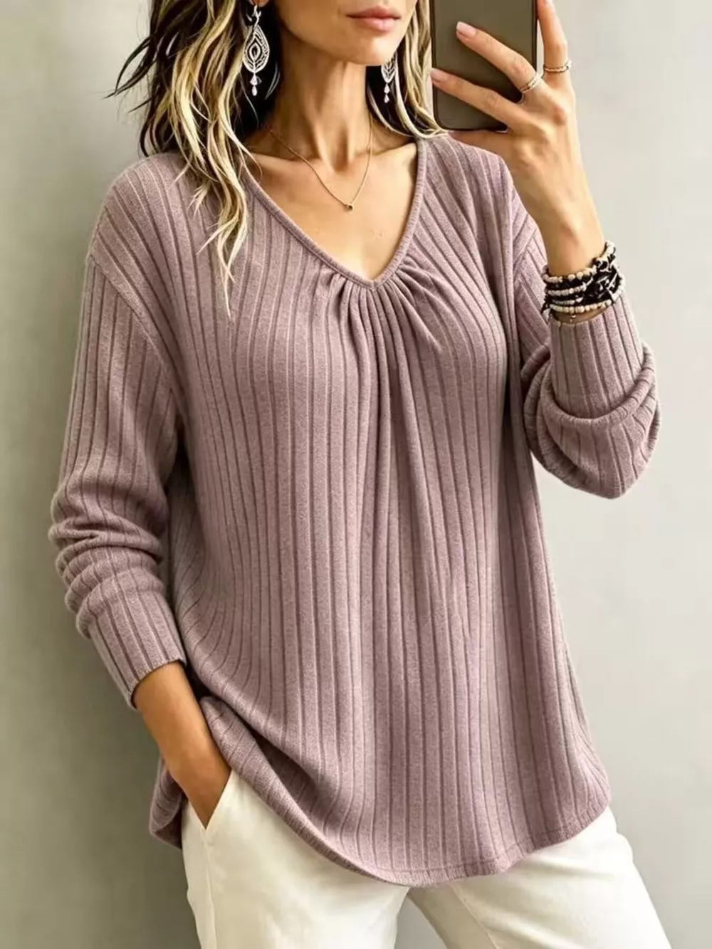 V-Neck Ribbed Long Sleeve T-Shirt, image 16