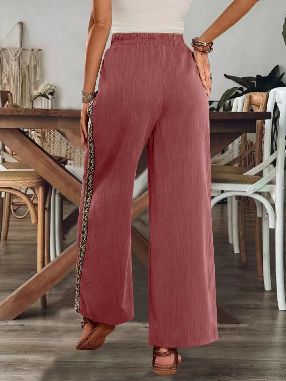 Bohemian Wide Leg Embroidered Side Stripe Pants, image 17