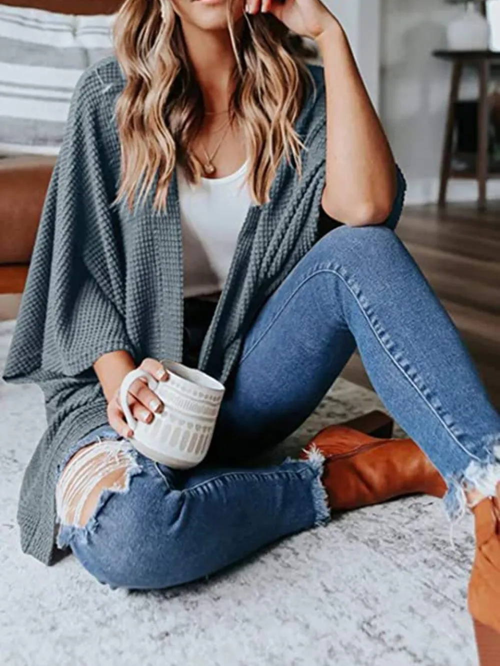 Full Size Open Front Waffle Knit Cardigan Plus Size, image 39