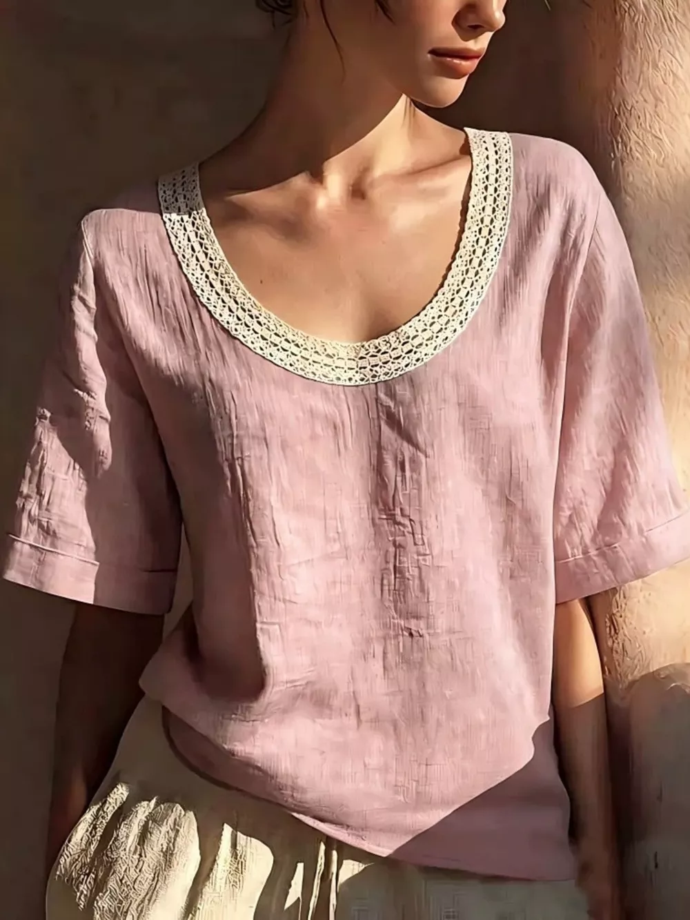 Full Size Lace Trim Short Sleeve Blouse Plus Size, image 4