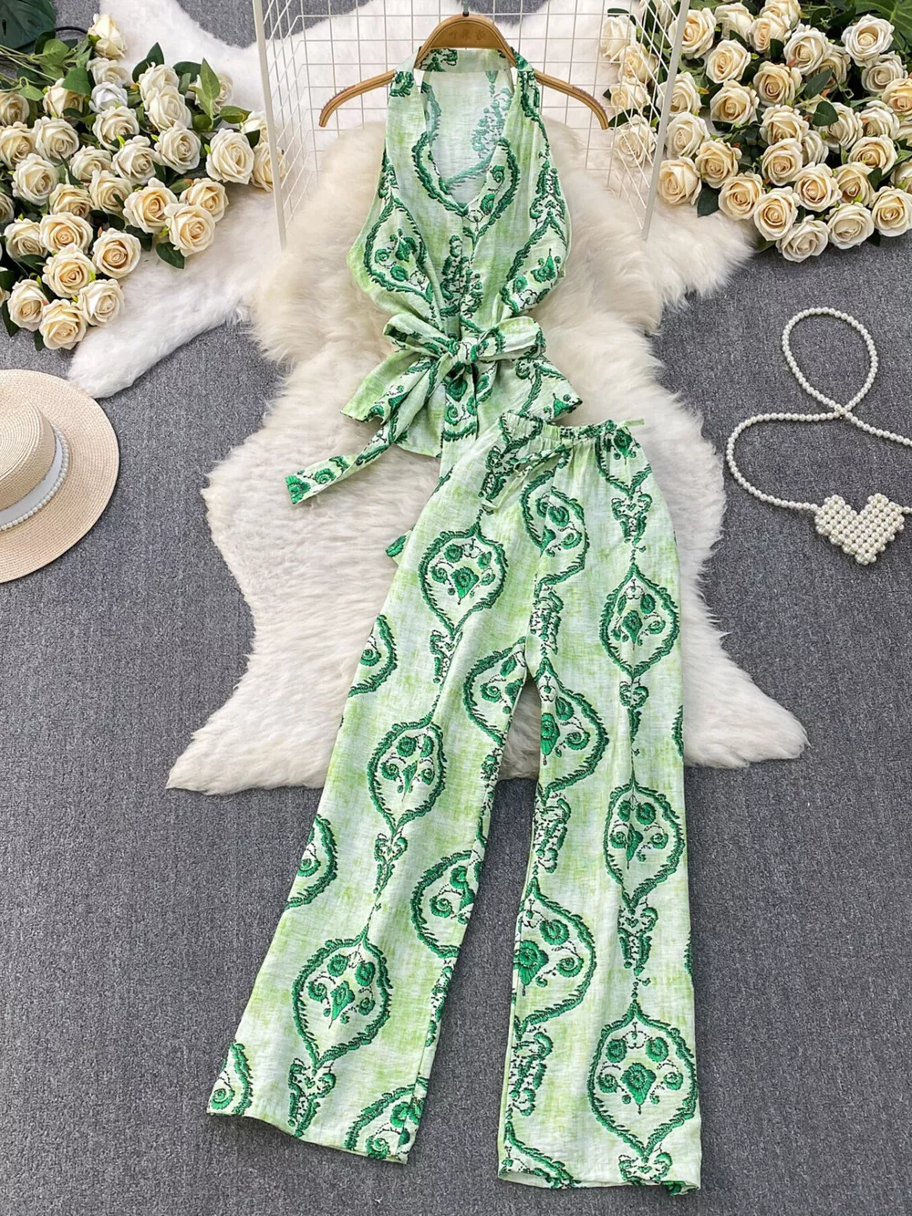 Printed Sleeveless Top and Wide Leg Pants Set, image 13