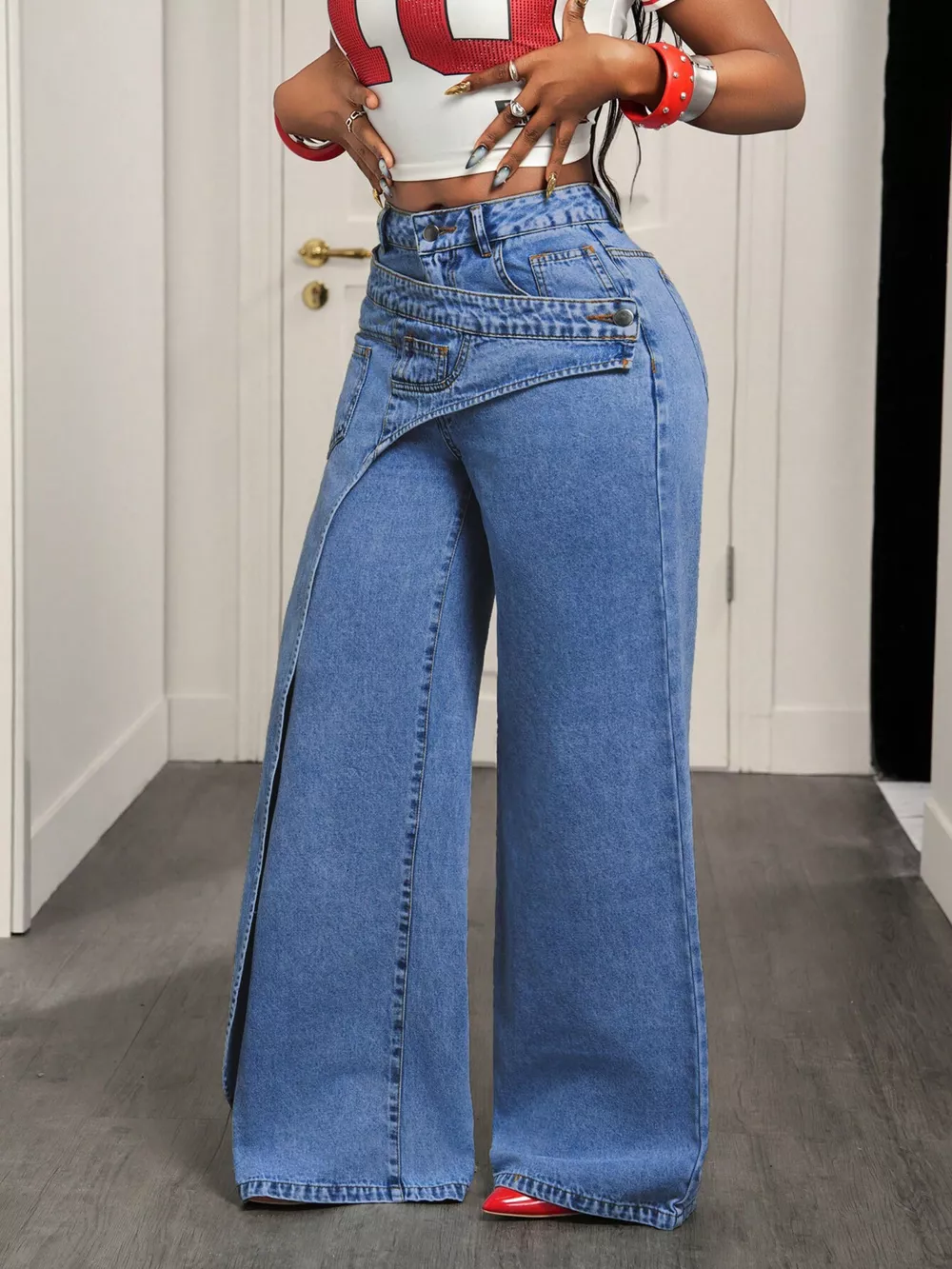 Asymmetrical High-Waisted Wide-Leg Jeans with Wrap Detail, image 3
