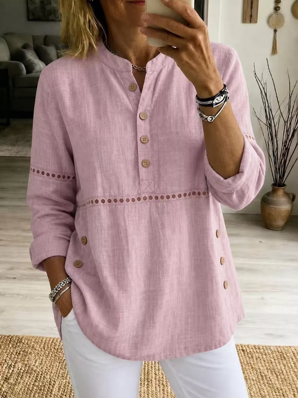 Full Size Button Detail Eyelet Long Sleeve Blouse Plus Size, image 11