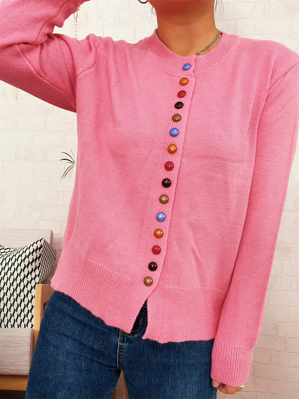 Button-Front Cardigan with Colorful Detail Buttons, image 5