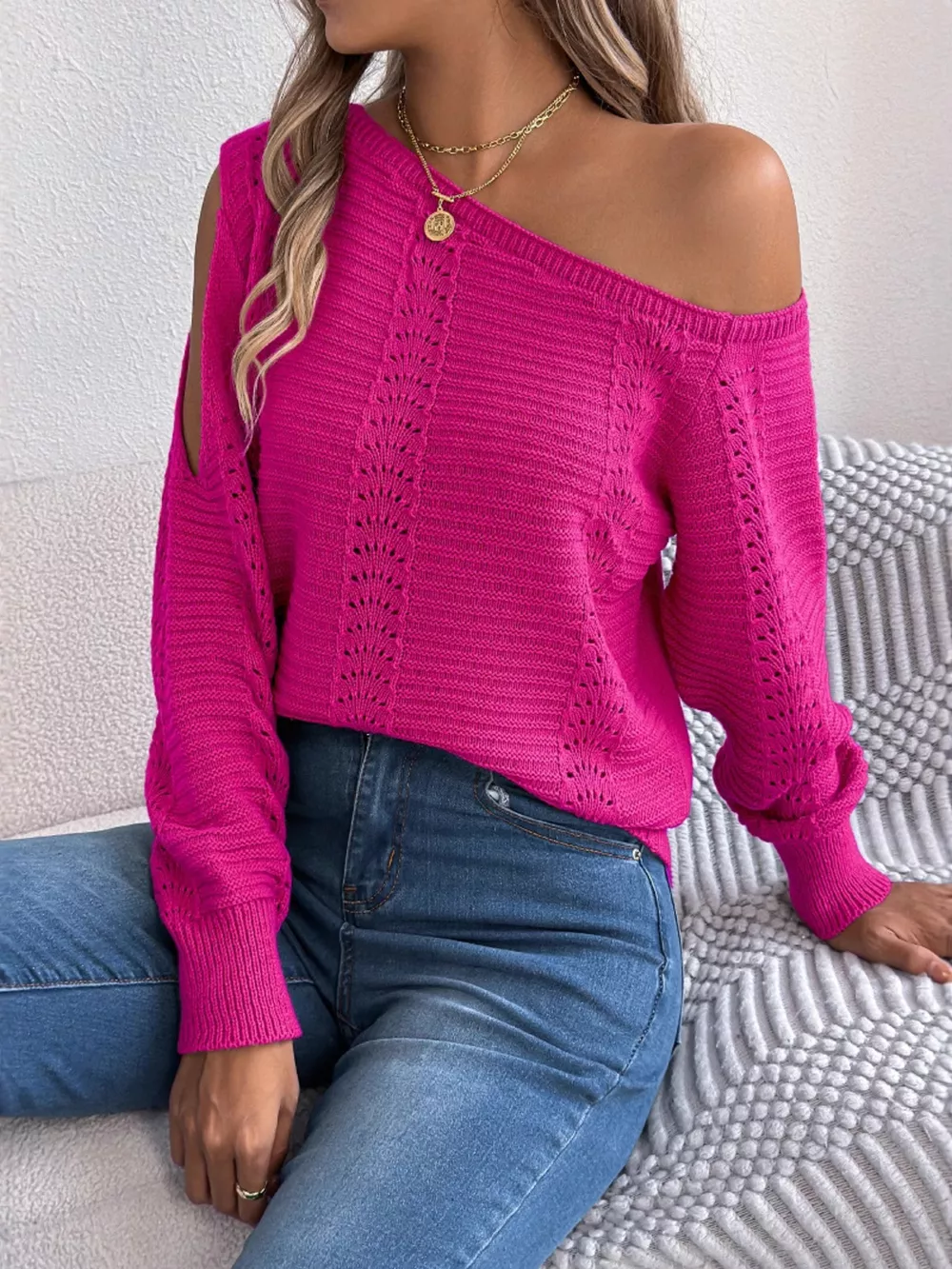 Cold-Shoulder Ribbed Knit Openwork Sweater, image 7