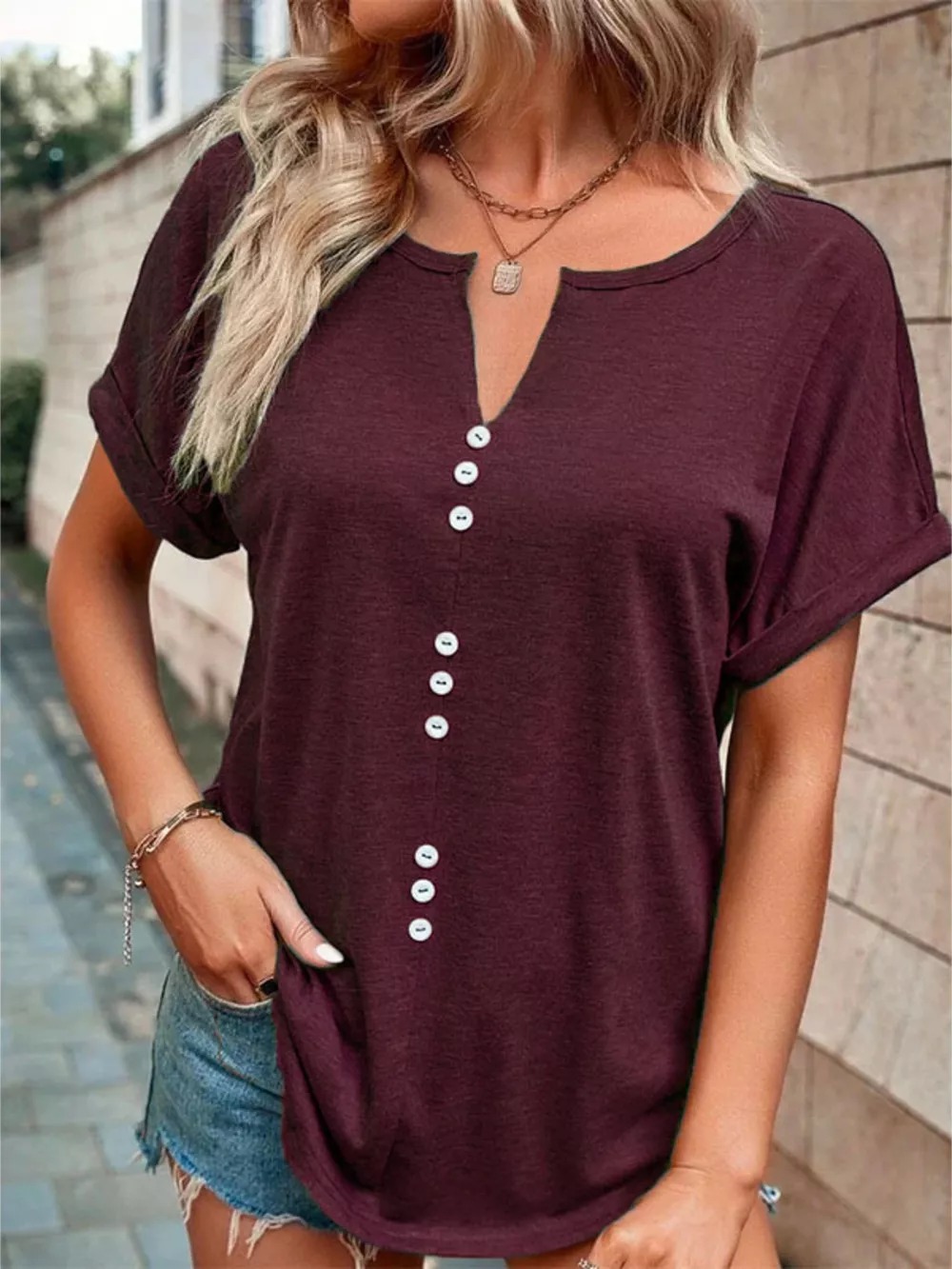 Full Size Decor Button Short Sleeve T-Shirt Plus Size, image 27