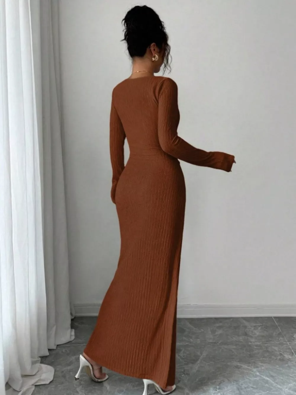 Slit Asymmetrical Neck Ribbed Maxi Dress, image 3