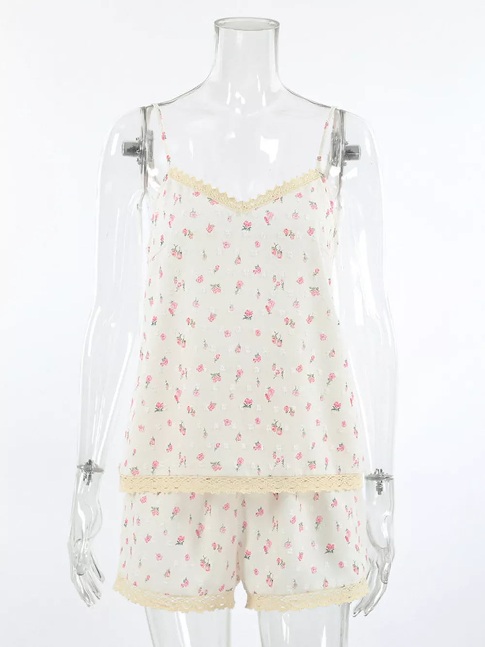Floral Print Lace Trim Cami and Shorts Set, image 8