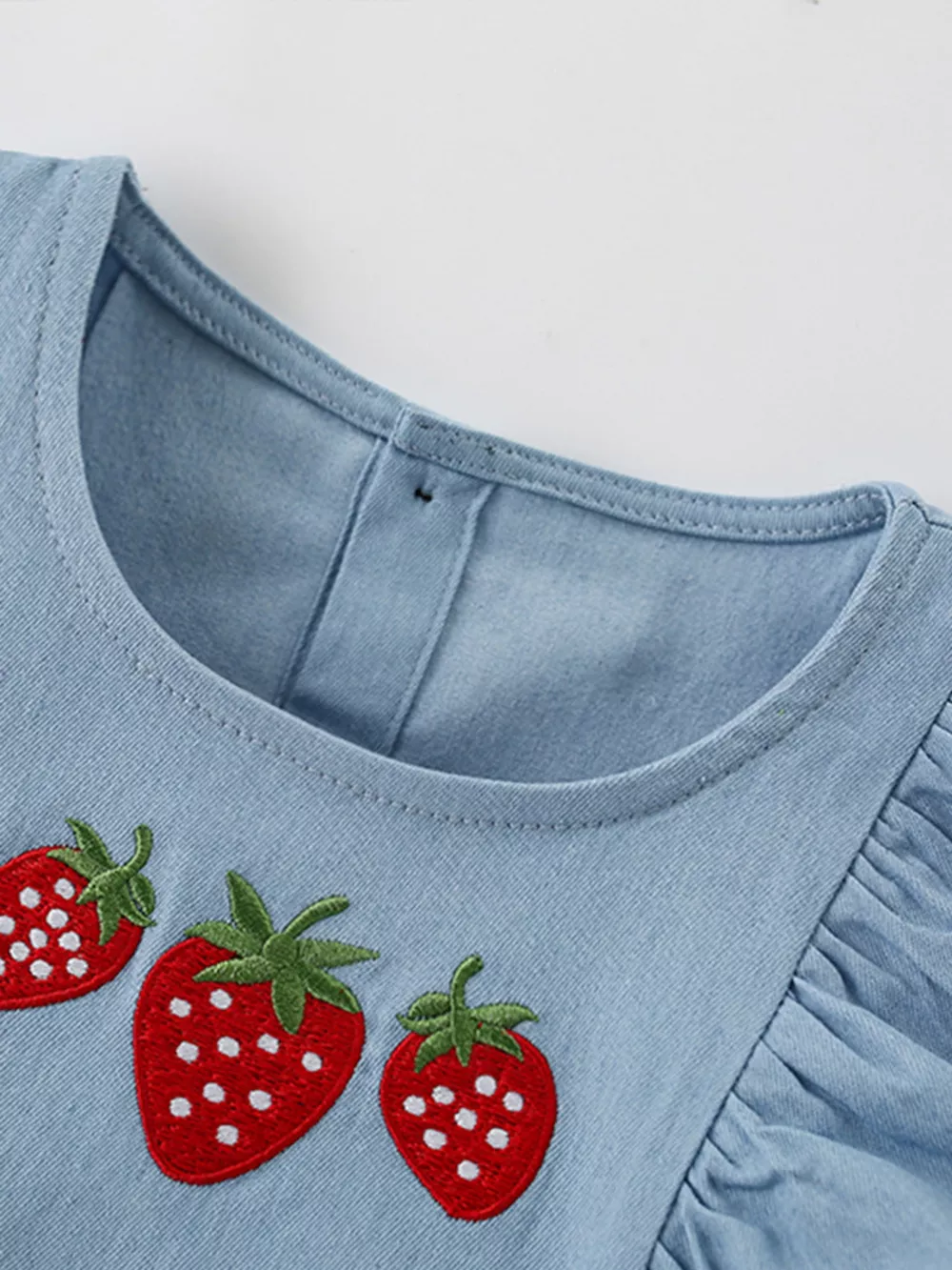 Children's Strawberry Embroidered Puff Sleeve Denim Dress, image 5