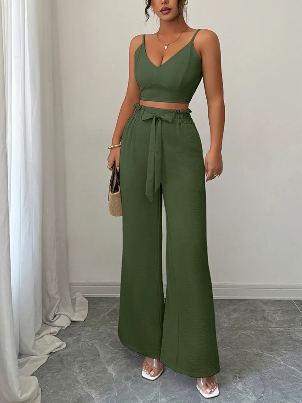 V-Neck Cami and Wide Leg Pants Set, image 2