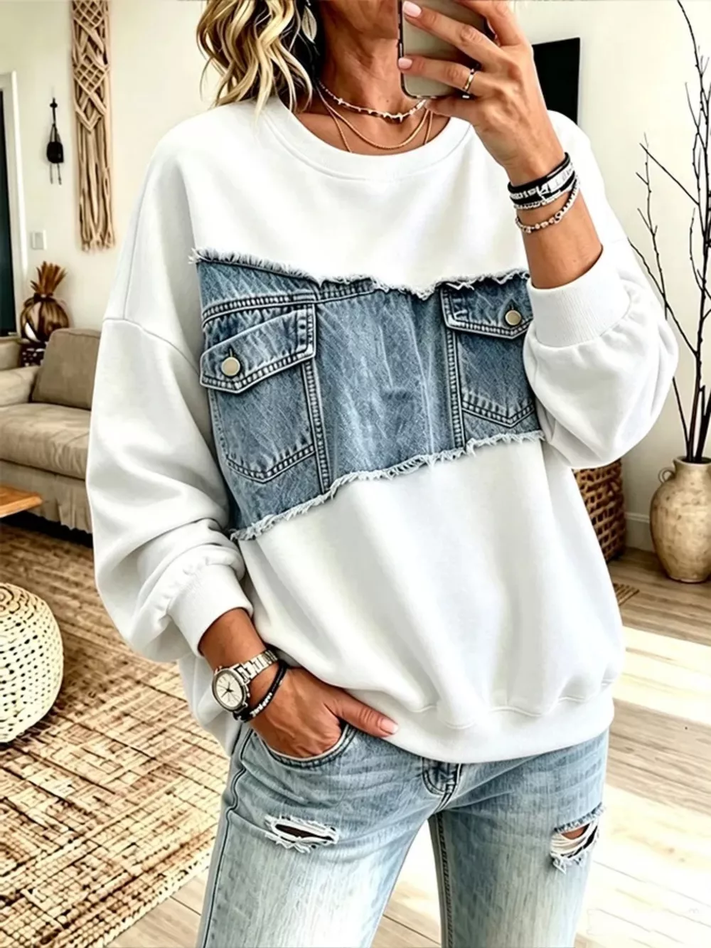 Full Size Denim Patchwork Dropped Shoulder Sweatshirt Plus Size, image 9