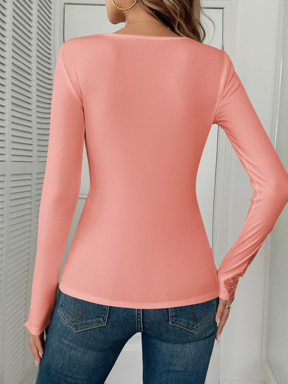 Elegant Lace Trim Long Sleeve Top, image 12