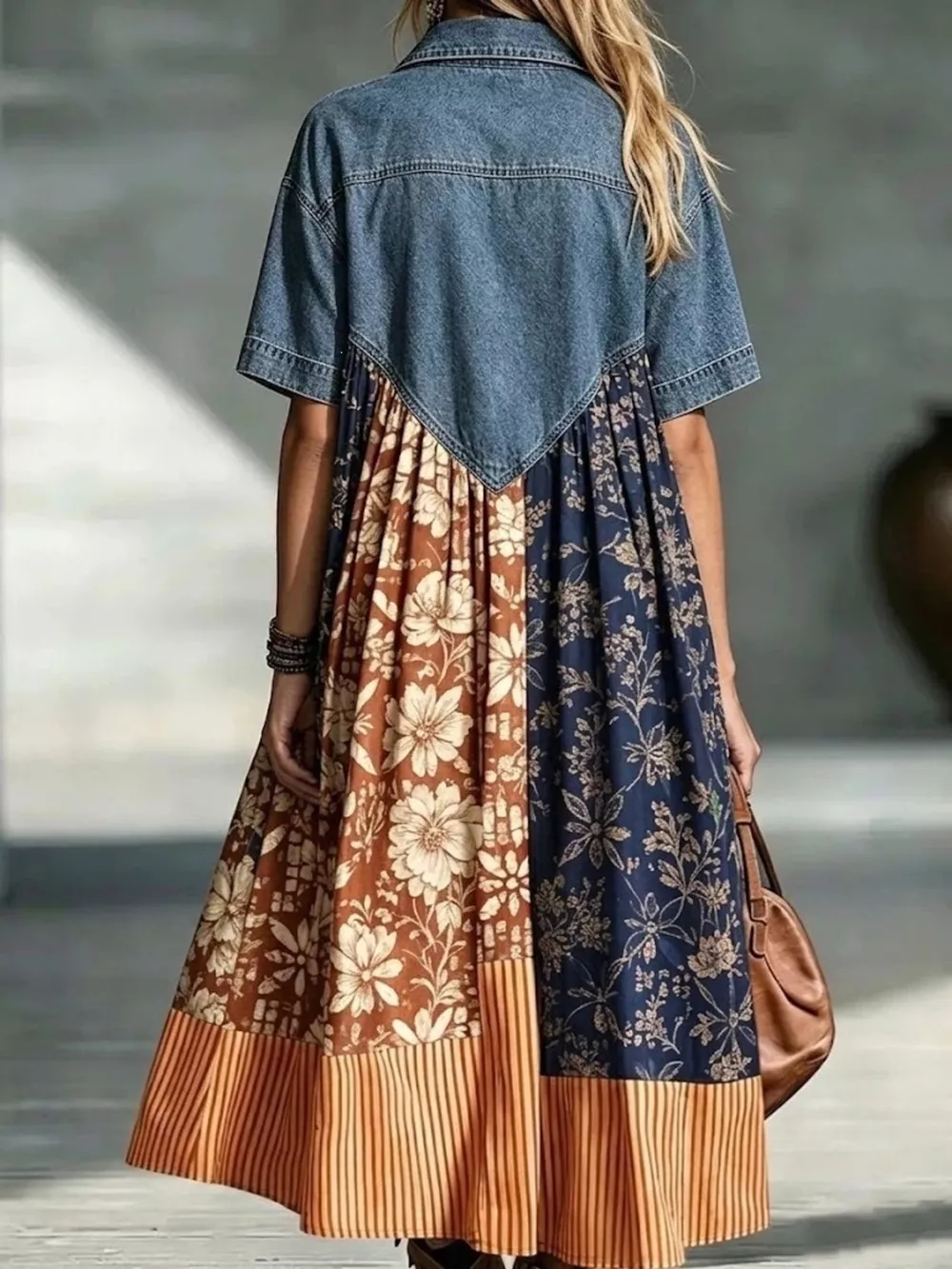Full Size Denim Patchwork Printed Shirt Dress Plus Size, image 6
