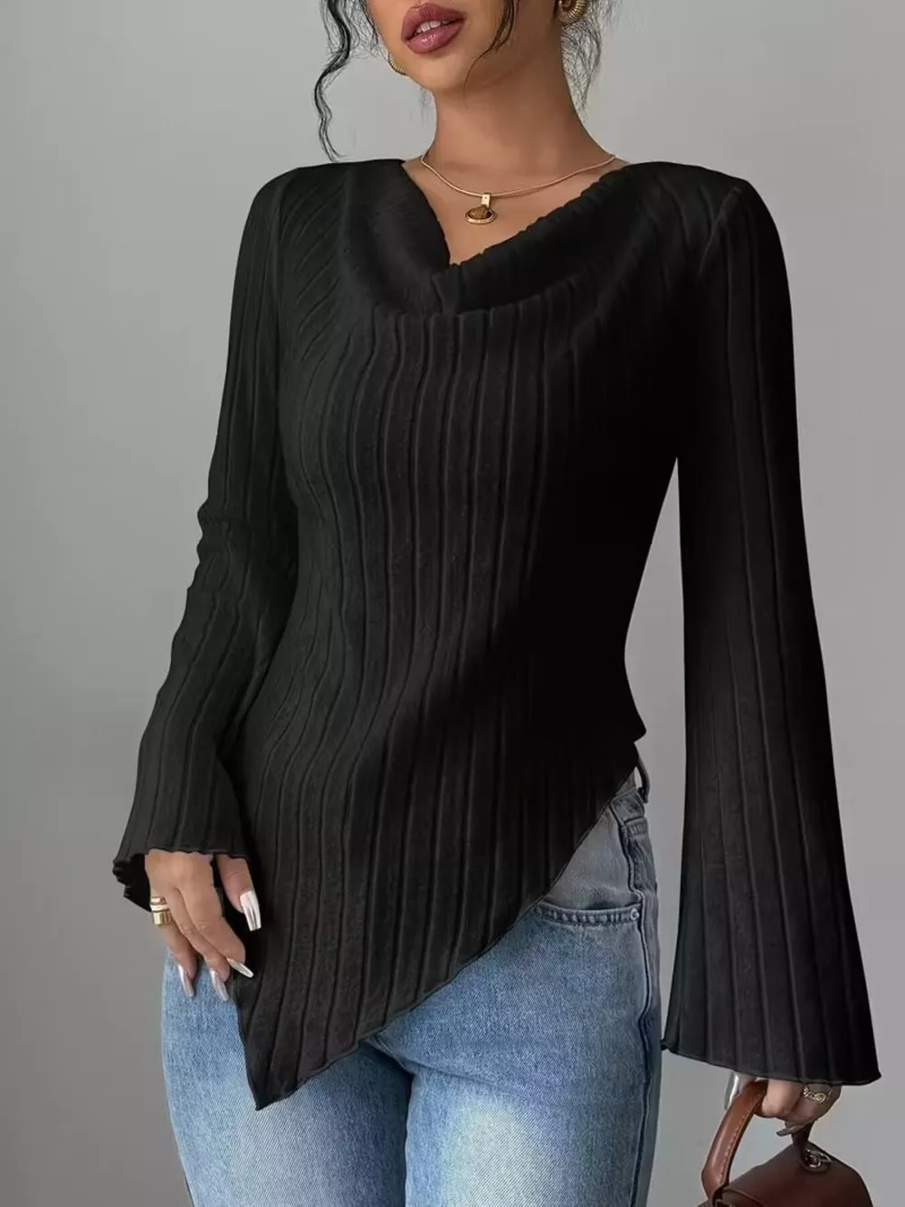 Cowl Neck Ribbed Knit T-Shirt, image 7
