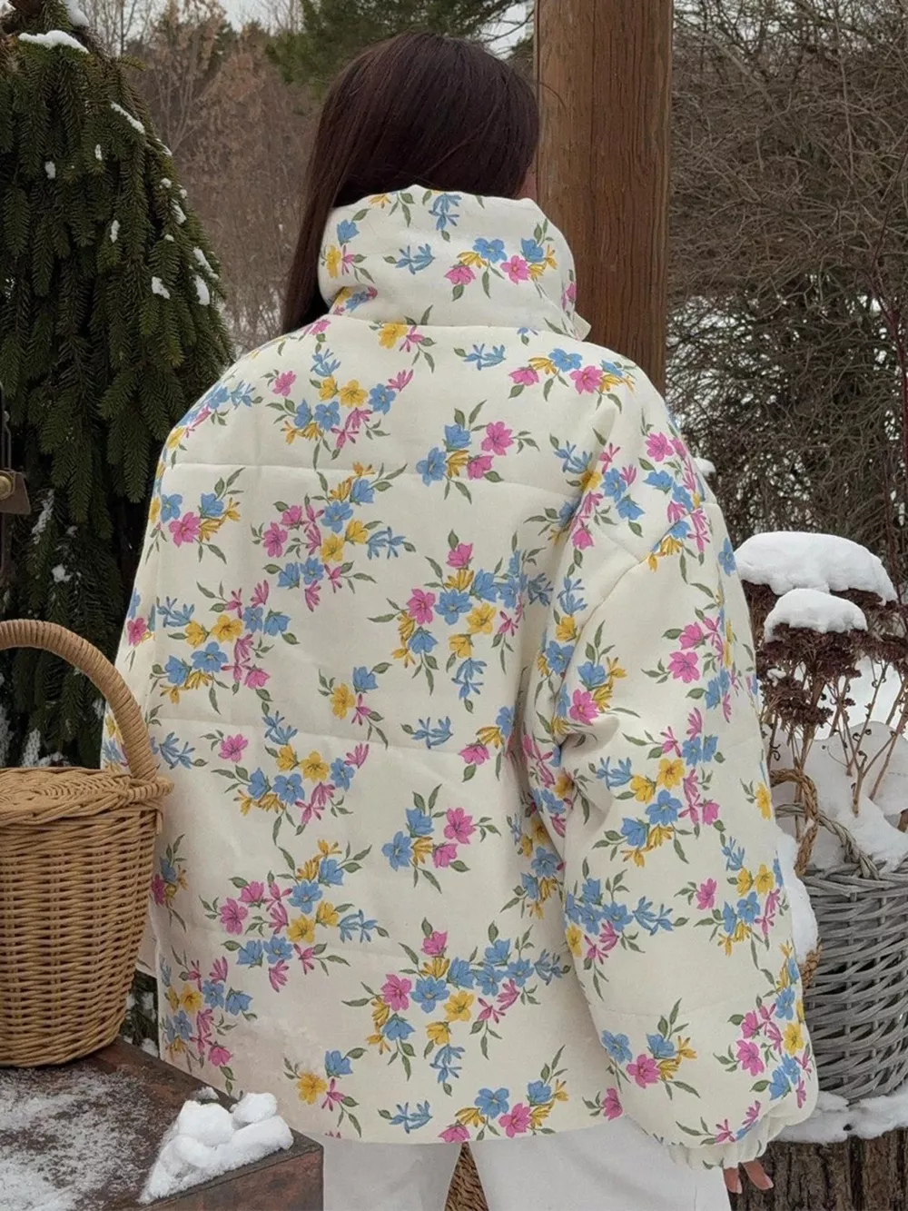 Floral Print Stand Collar Puffer Jacket, image 2