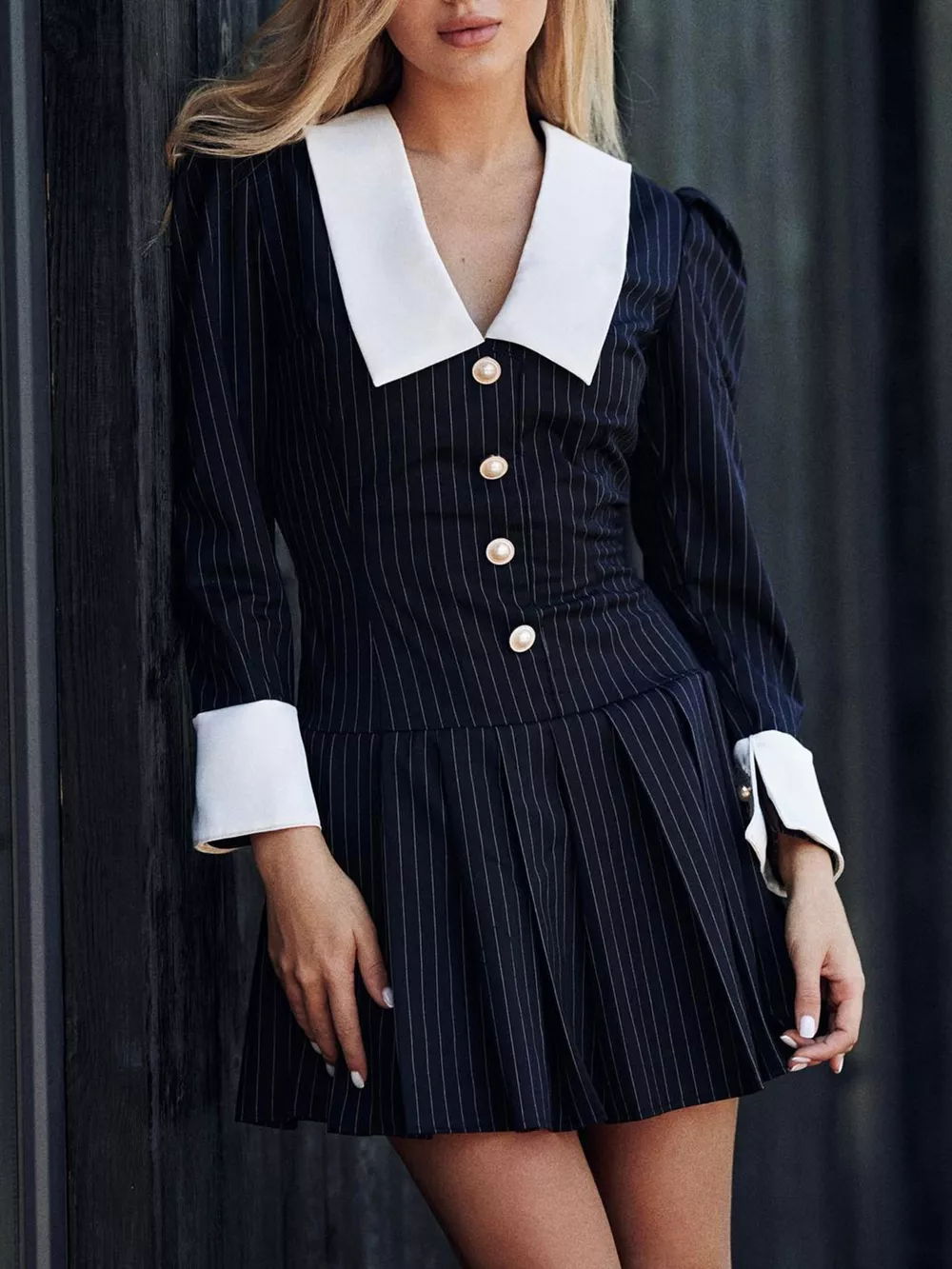 Striped Long-Sleeve Pleated Mini Dress, image 2