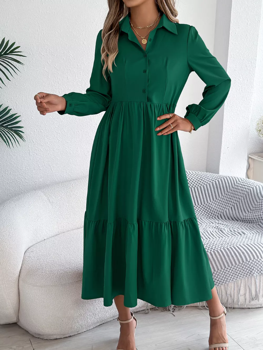 Long Sleeve Tiered Button Front Midi Dress, image 28