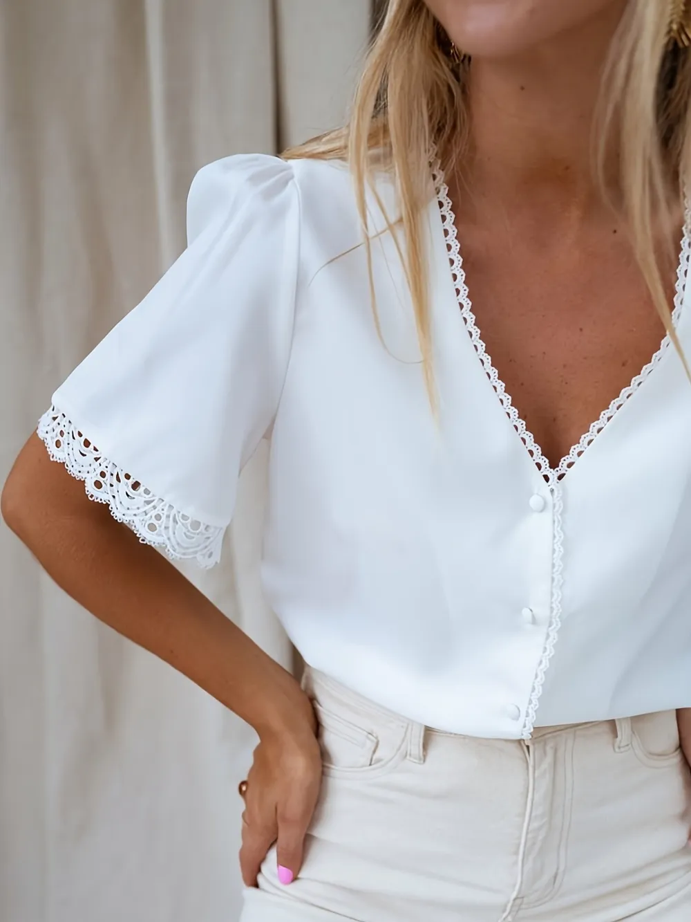 Lace Trim V-Neck Button-Up Blouse, image 5