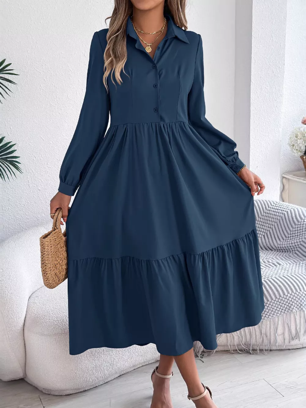Long Sleeve Tiered Button Front Midi Dress, image 29