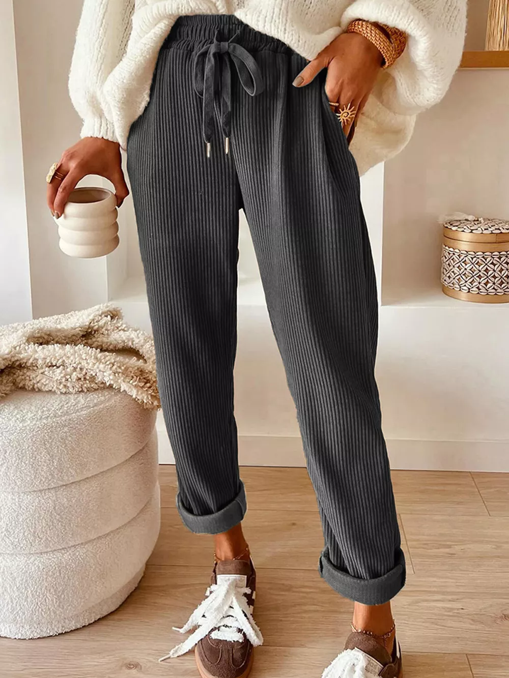 Casual Corduroy Drawstring Waist Pants, image 17
