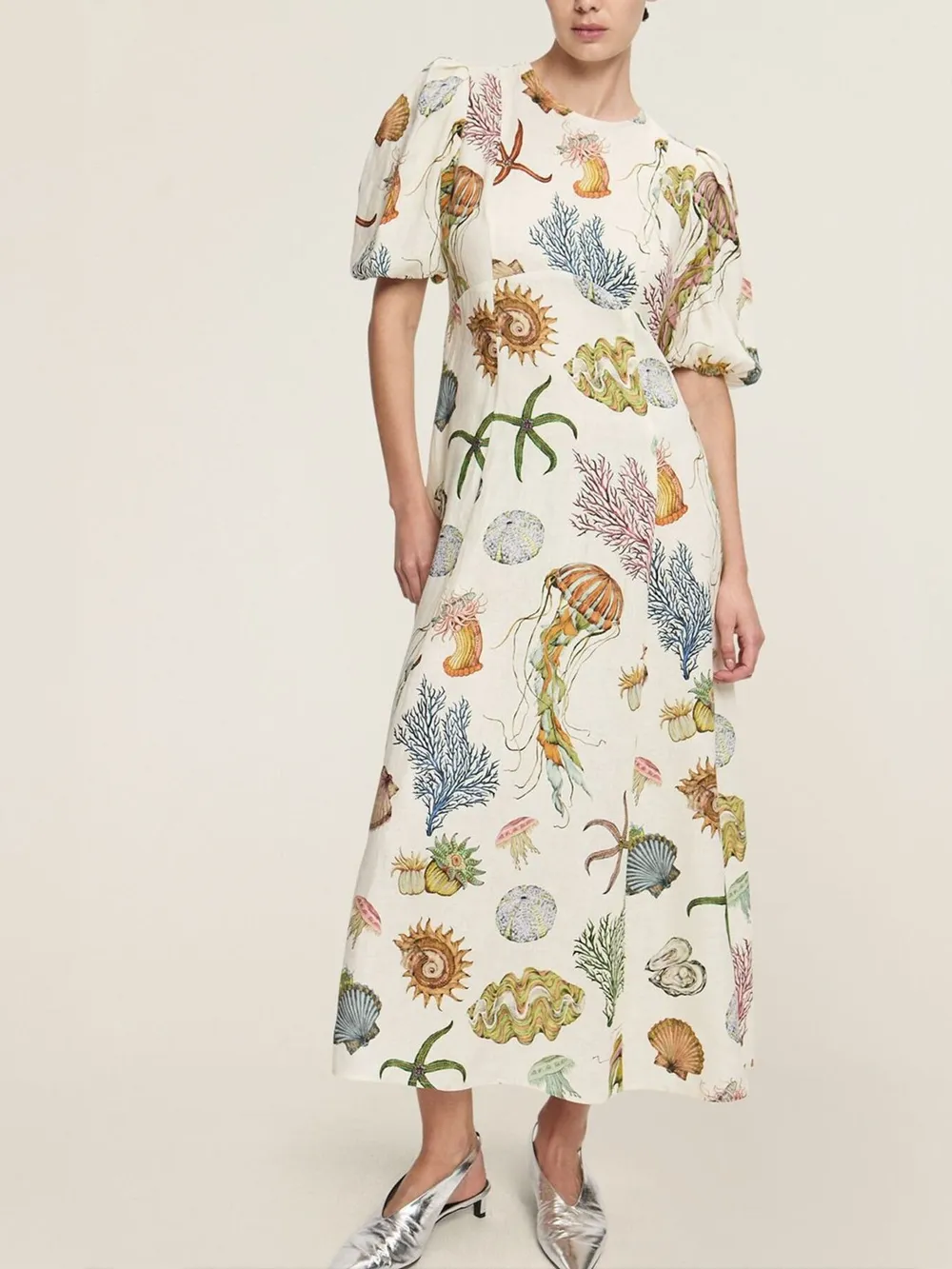 Printed Round Neck Puff Sleeve Dress
