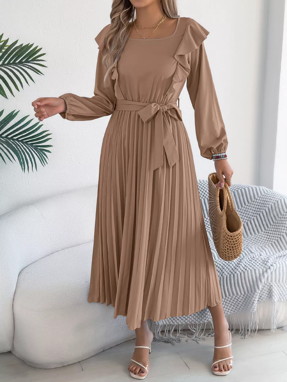 Ruffled Pleated Midi Dress with Waist Tie, image 17