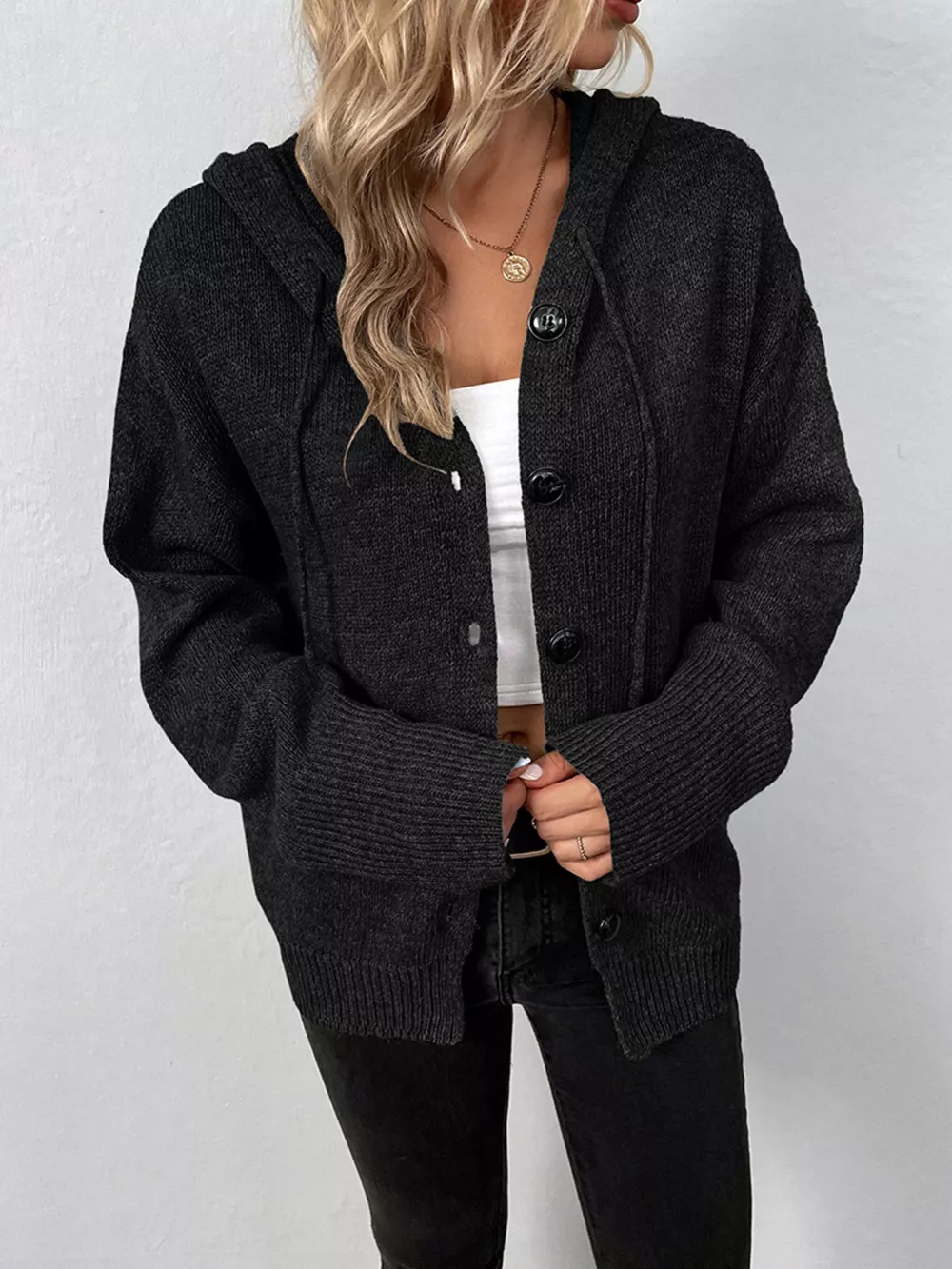Cozy Knit Hooded Button-Down Cardigan, image 14