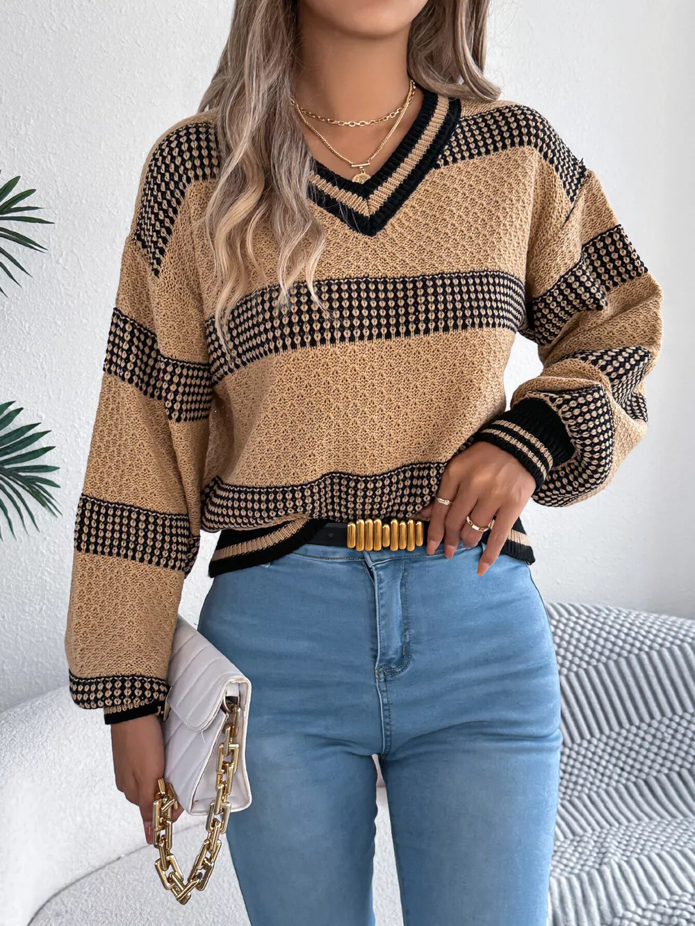 Contrast Striped V-Neck Sweater, image 10