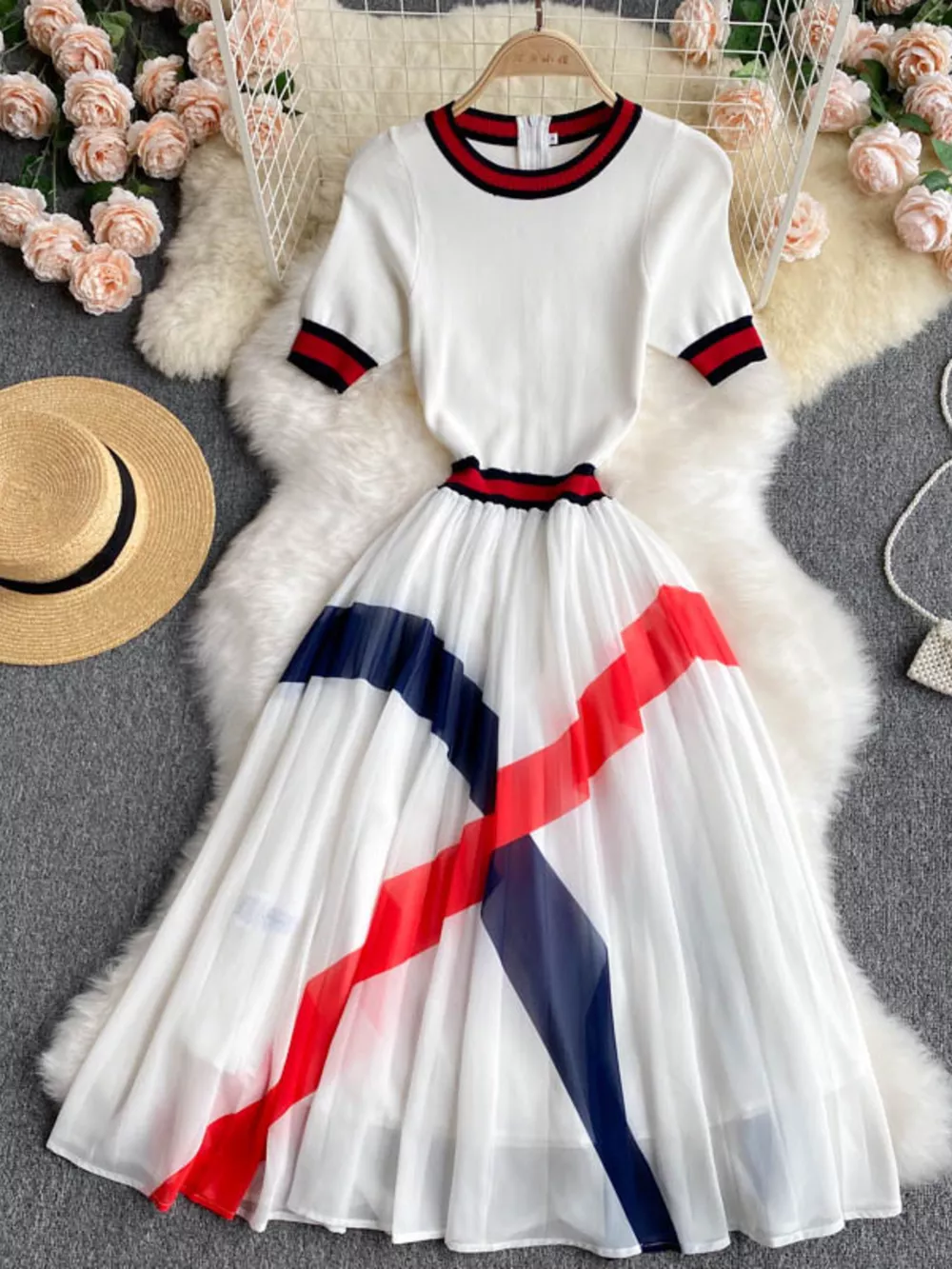 Elegant Color Block Pleated Midi Dress, image 2