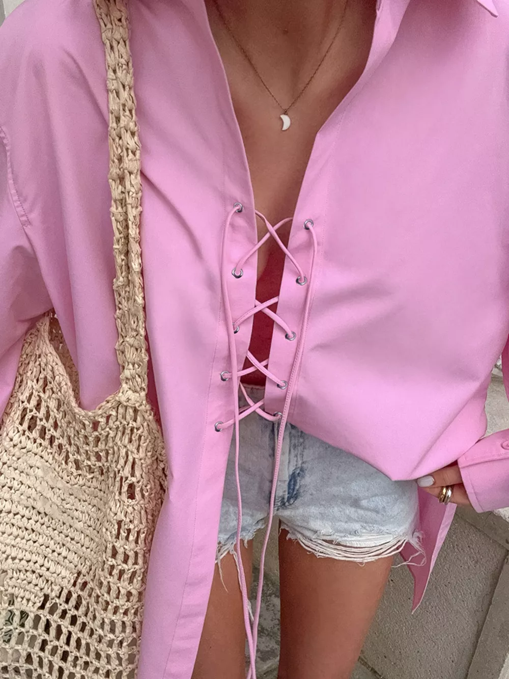 Lace-Up Front Oversized Shirt, image 2