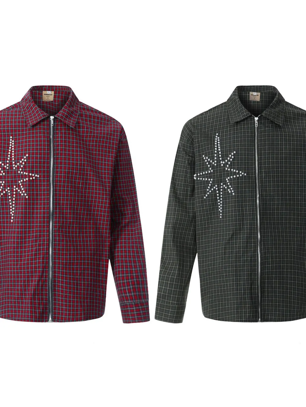 Men's Pearl Embellished Plaid Zip-Up Shirt, image 3