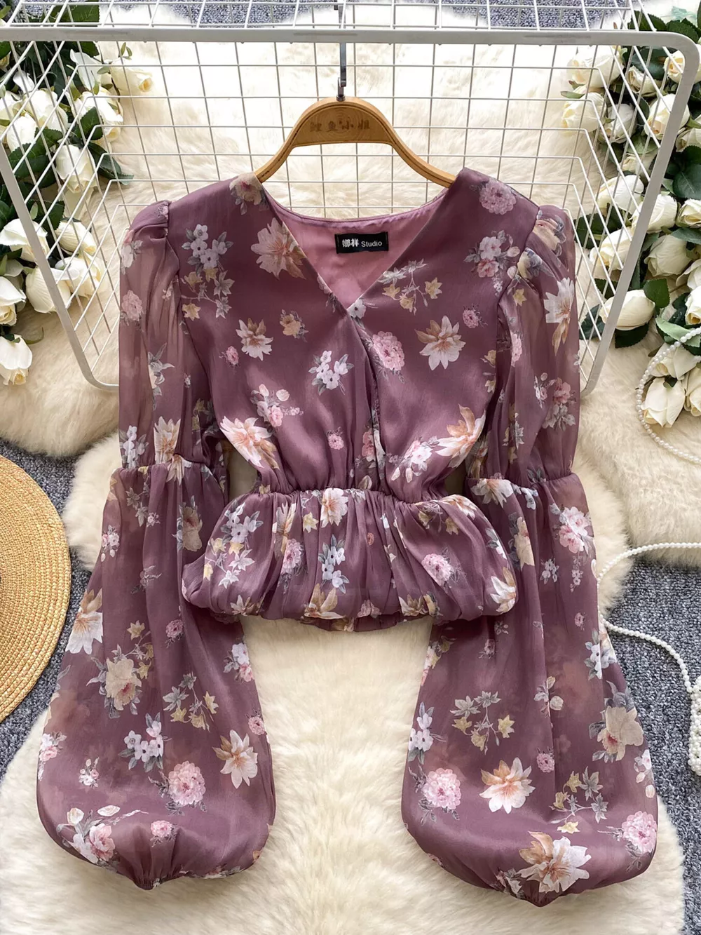 Floral Print Chiffon Balloon Sleeve Blouse, image 14