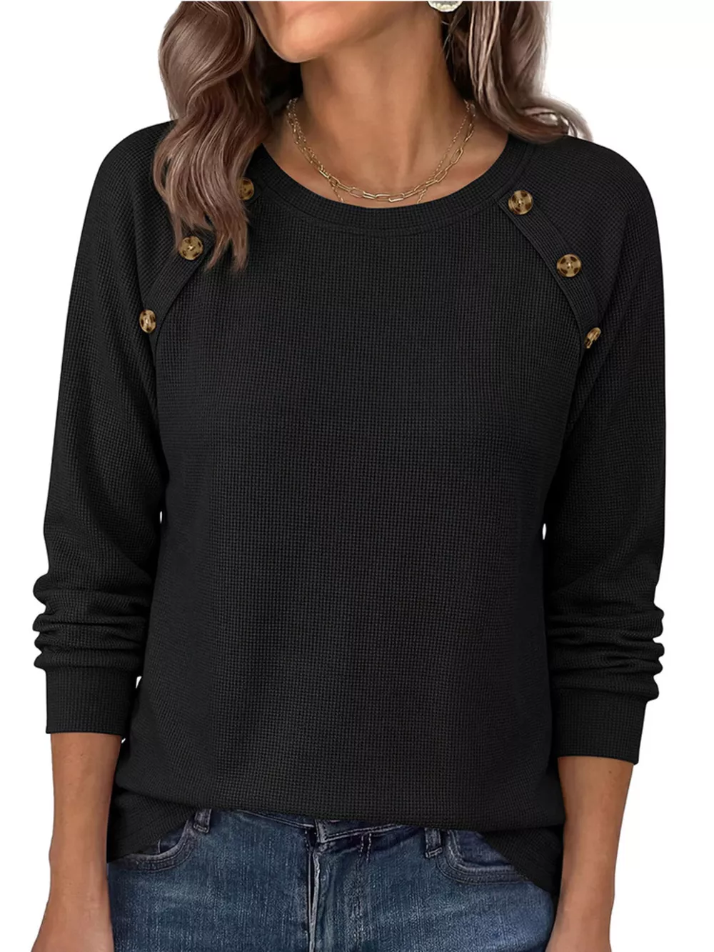 Decorative Button Waffle Knit Long Sleeve T-Shirt, image 19