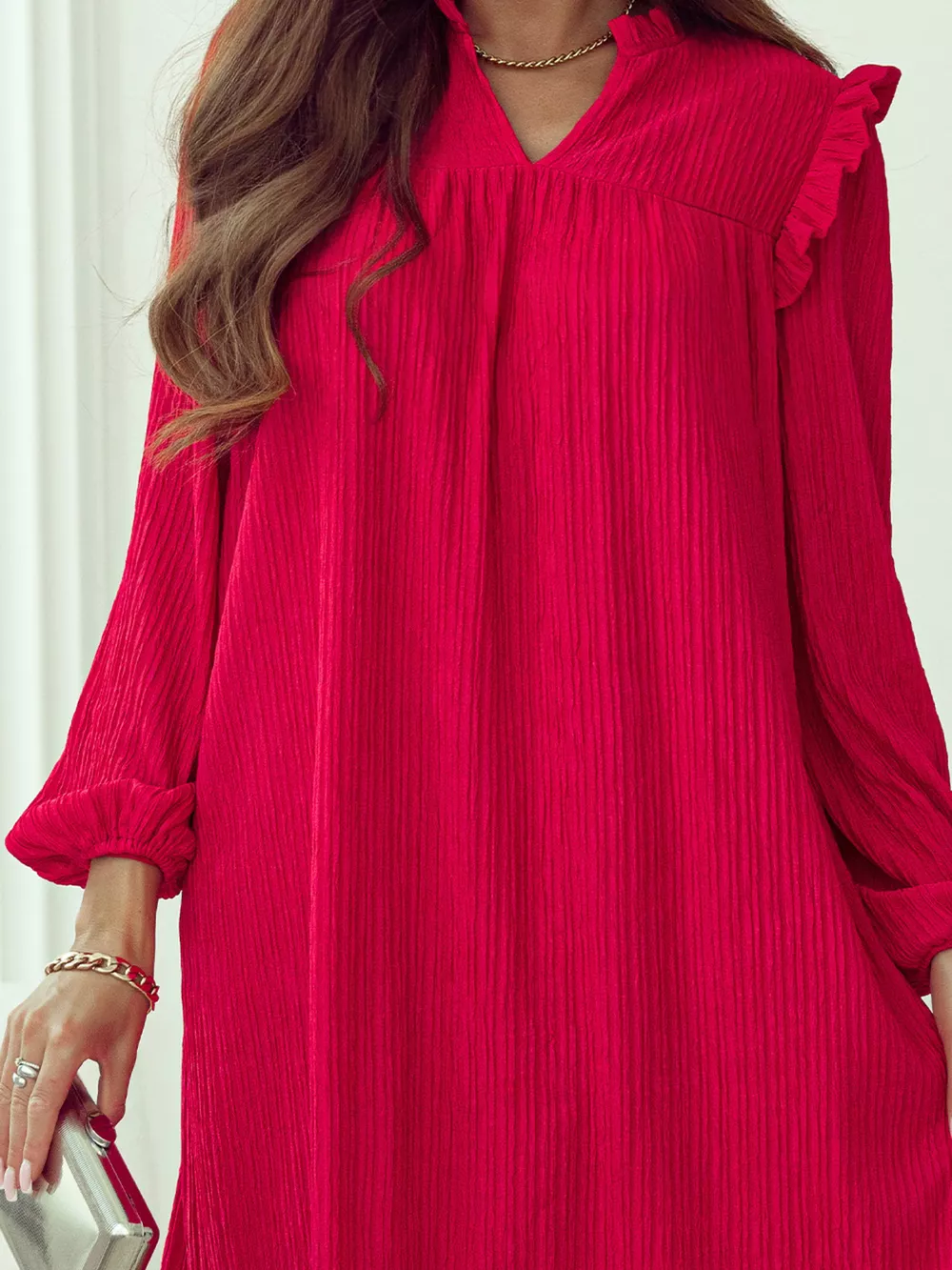 Textured Ruffled Trim Loose Fit Mini Dress, image 14