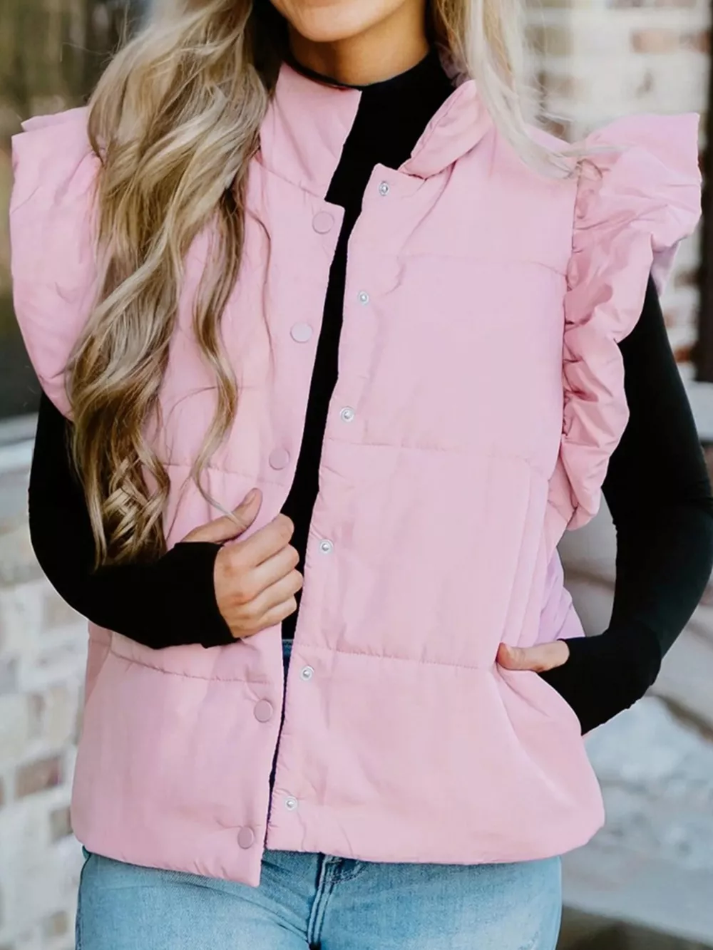 Stand Neck Flutter Sleeve Snap Button Puffer Vest, image 14