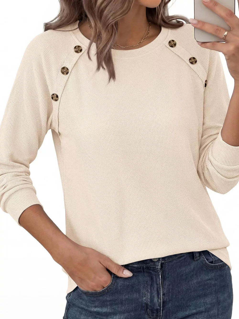Decorative Button Waffle Knit Long Sleeve T-Shirt, image 3