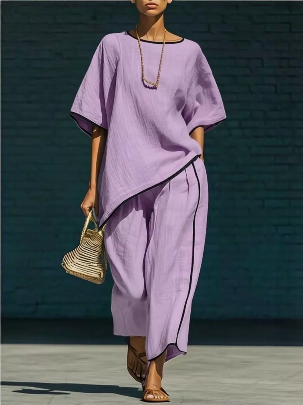 Contrast Trim Round Neck Top and Pants Set, image 9