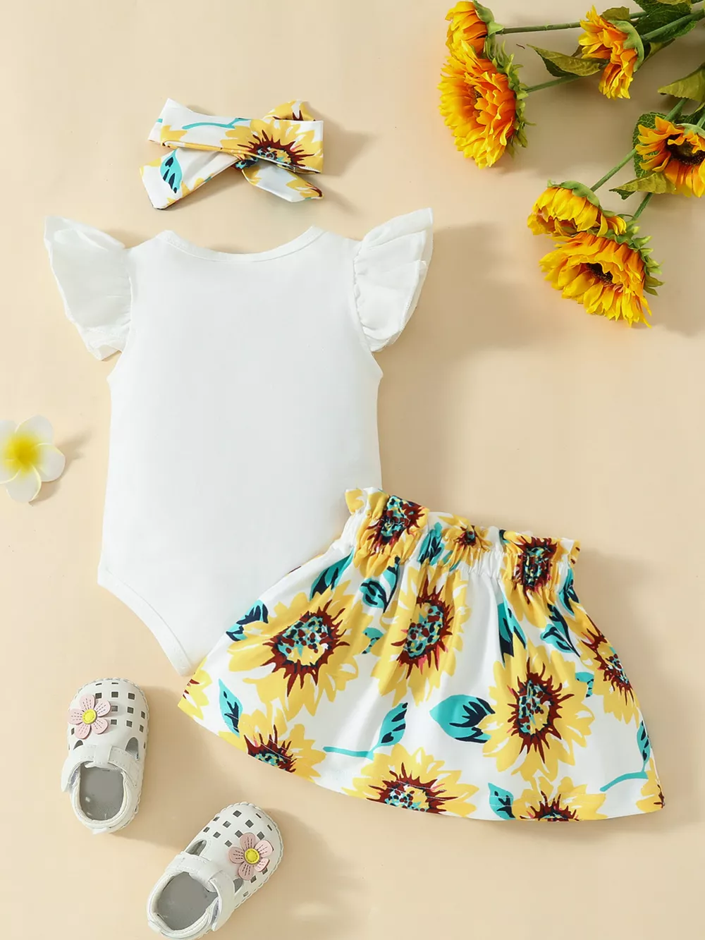 Children's Ruffled Bodysuit and Sunflower Skirt Set with Headband, image 2