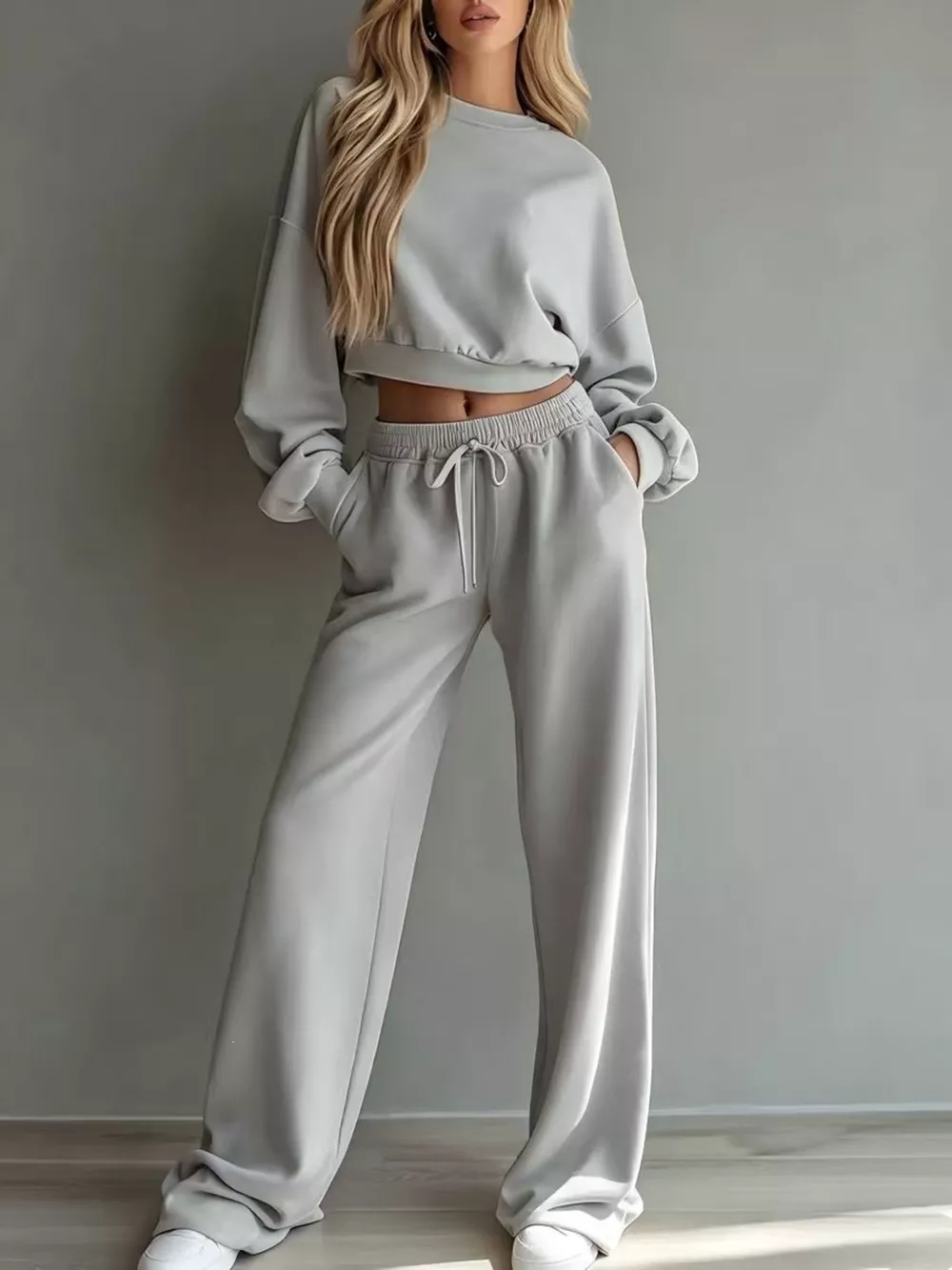 Round Neck Cropped Sweatshirt and Wide-Leg Pants Set, image 5