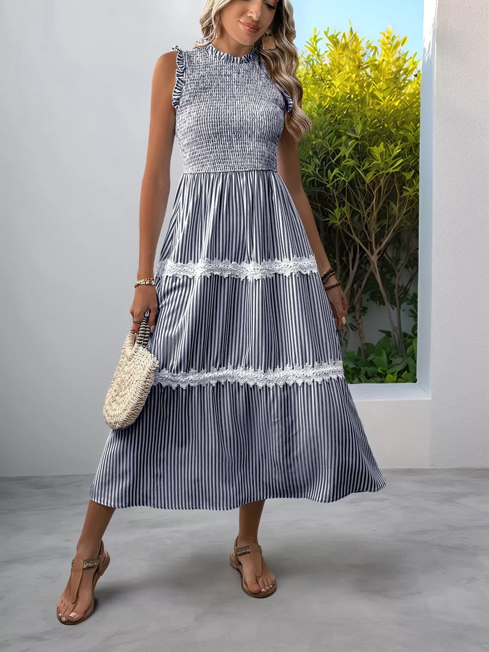 Smocked Striped Lace Trim Sleeveless Midi Dress, image 12