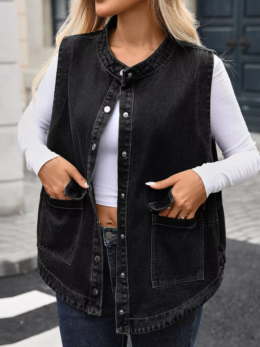 Snap Down Sleeveless Denim Jacket, image 4